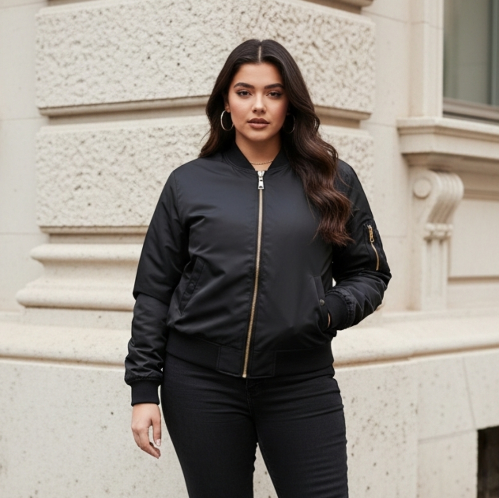 Women's Black Bomber Jacket with Orange Lining - Picture 11 of 14